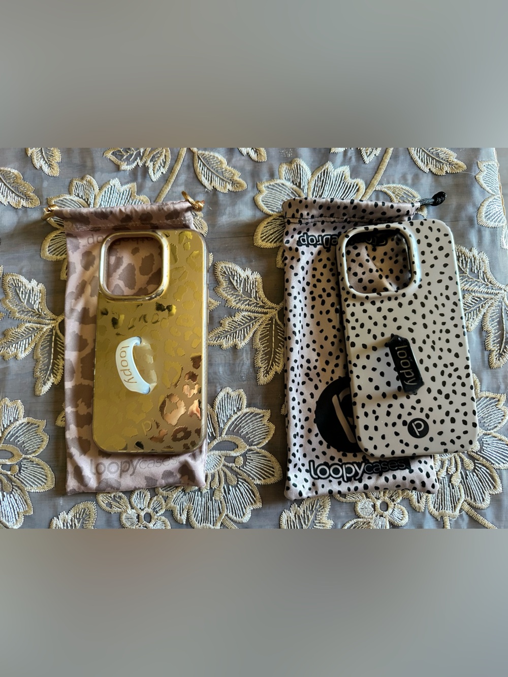 Loopy Case Metallic Gold Leopard & White Black-Dot Phone Case Duo